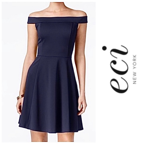 NWT Off Shoulder Navy Fit & Flare Dress - Picture 1 of 6